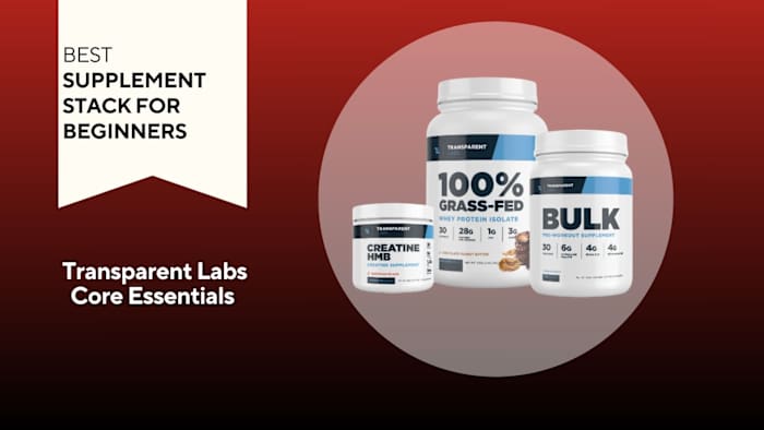 Three white tubs against a red background. One reads "Creatine HMB," the second says "100% Grass-fed Whey," and the third says "Bulk"